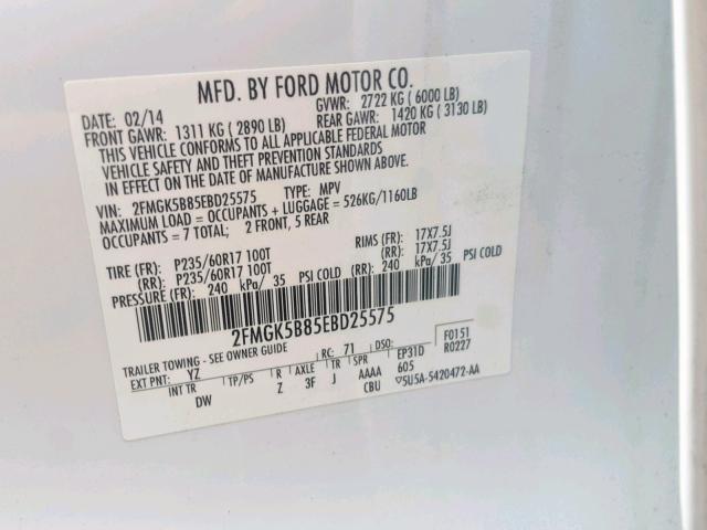 2FMGK5B85EBD25575 - 2014 FORD FLEX SE WHITE photo 10