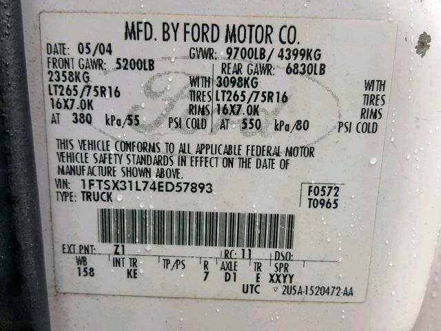 1FTSX31L74ED57893 - 2004 FORD F350 SRW S WHITE photo 10