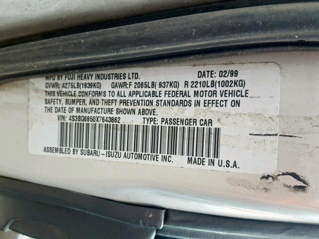 4S3BG6850X7643862 - 1999 SUBARU LEGACY OUT SILVER photo 10