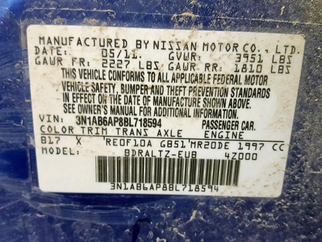 3N1AB6AP8BL718594 - 2011 NISSAN SENTRA 2.0 BLUE photo 10