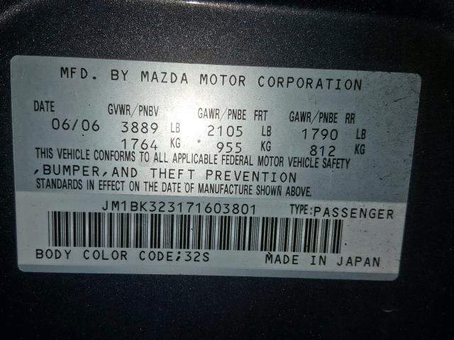 JM1BK323171603801 - 2007 MAZDA 3 S GRAY photo 10