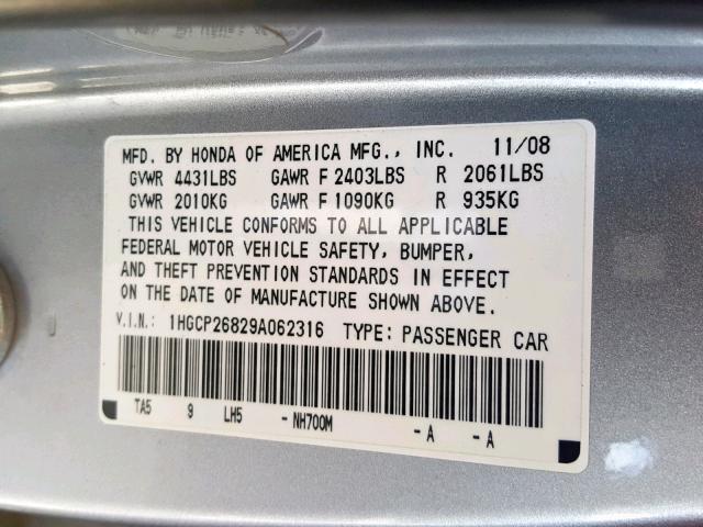 1HGCP26829A062316 - 2009 HONDA ACCORD EXL SILVER photo 10