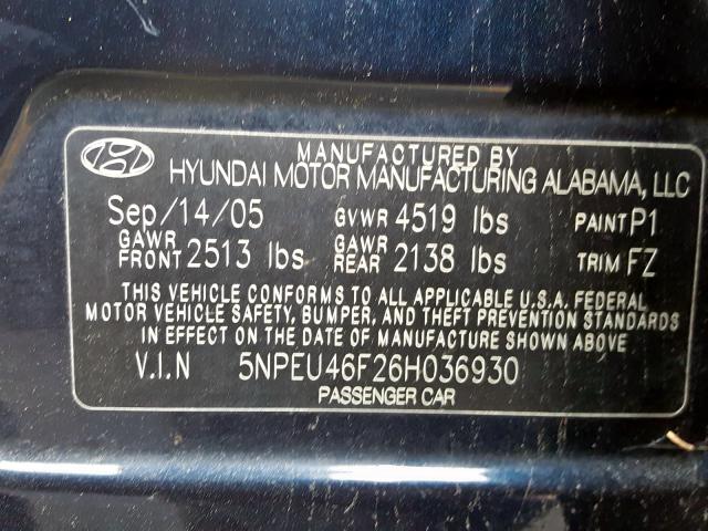 5NPEU46F26H036930 - 2006 HYUNDAI SONATA GLS  photo 10