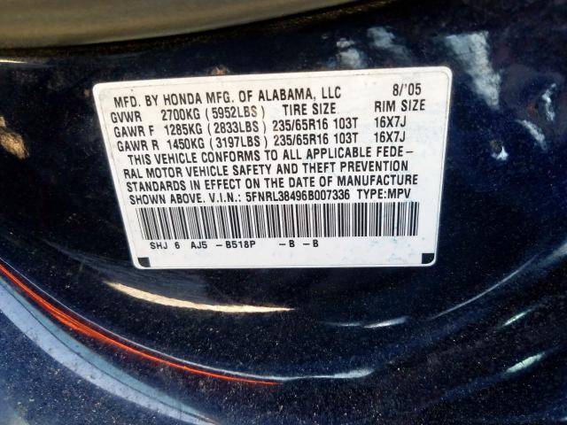 5FNRL38496B007336 - 2006 HONDA ODYSSEY EX  photo 10