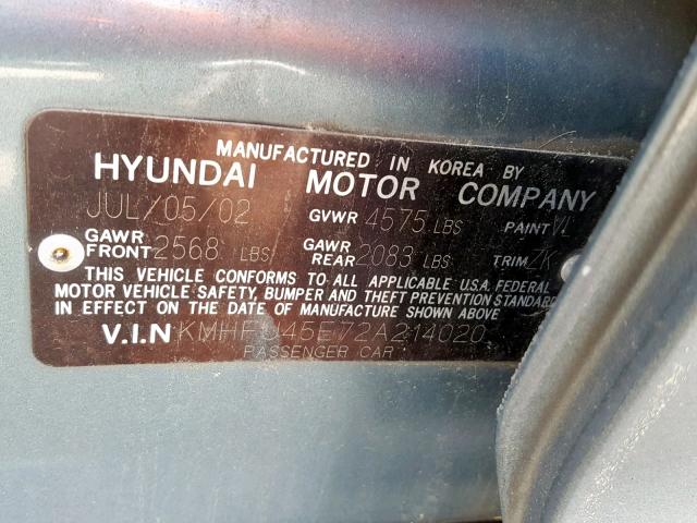 KMHFU45E72A214020 - 2002 HYUNDAI XG 350 SILVER photo 10