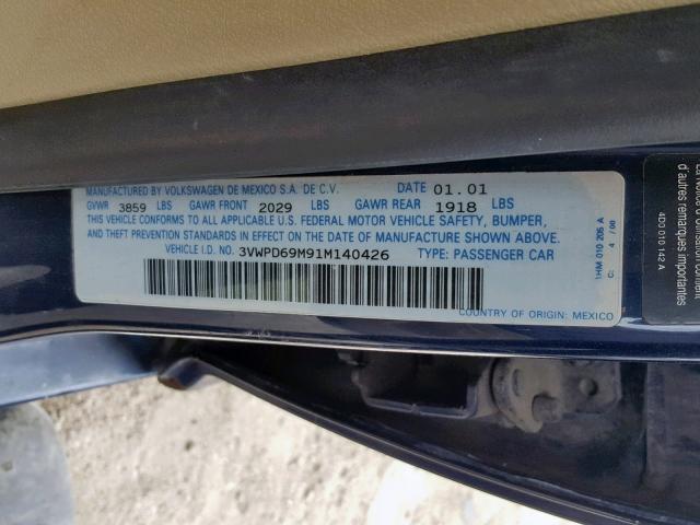 3VWPD69M91M140426 - 2001 VOLKSWAGEN JETTA WOLF BLUE photo 10