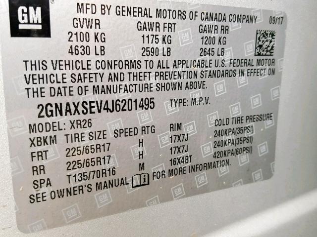 2GNAXSEV4J6201495 - 2018 CHEVROLET EQUINOX LT SILVER photo 10