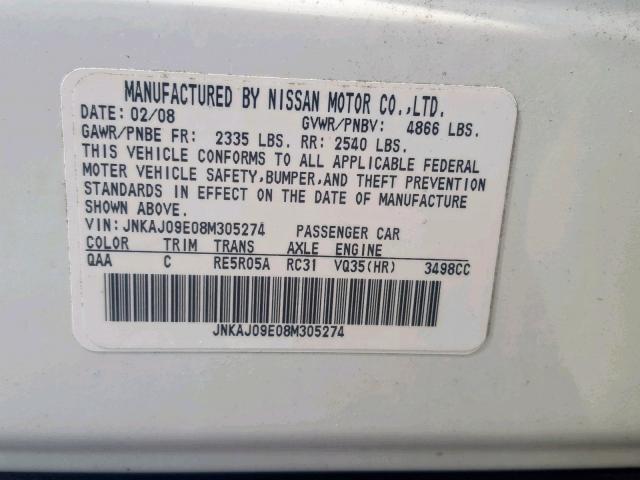 JNKAJ09E08M305274 - 2008 INFINITI EX35 BASE WHITE photo 10