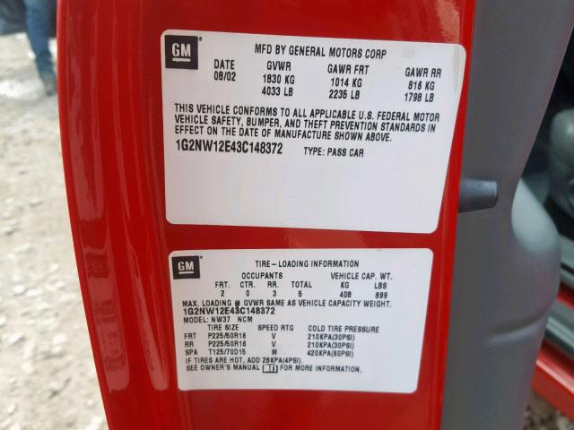 1G2NW12E43C148372 - 2003 PONTIAC GRAND AM G RED photo 10