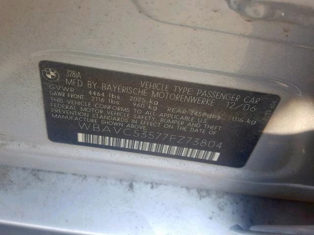 WBAVC53577FZ73804 - 2007 BMW 328 I SULE SILVER photo 10