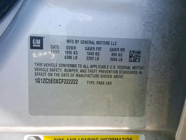 1G1ZC5E0XCF222222 - 2012 CHEVROLET MALIBU 1LT ვერცხლისფერი ფოტო 10