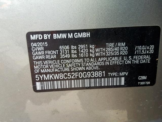 5YMKW8C52F0G93881 - 2015 BMW X6 M CHARCOAL photo 10