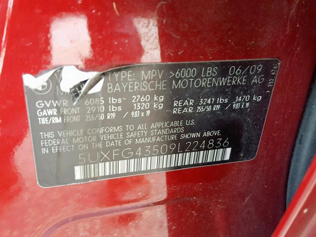 5UXFG43509L224836 - 2009 BMW X6 XDRIVE3 RED photo 10