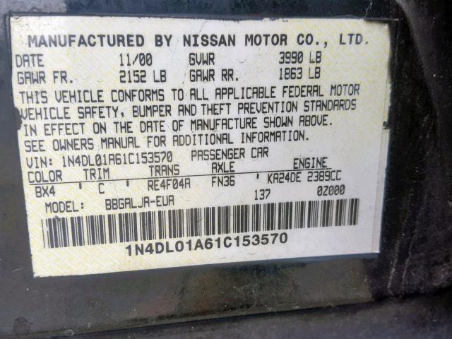 1N4DL01A61C153570 - 2001 NISSAN ALTIMA GXE BEIGE photo 10