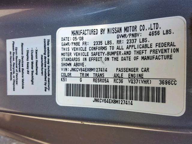 JNKCV64EX8M127414 - 2008 INFINITI G37 BASE GRAY photo 10