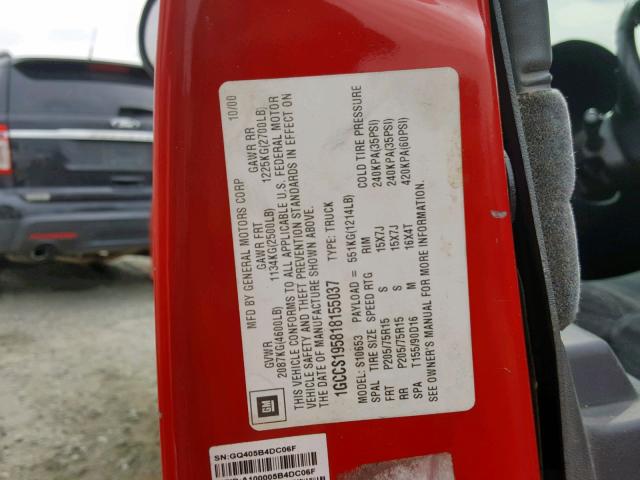 1GCCS195818155037 - 2001 CHEVROLET S TRUCK S1 RED photo 10