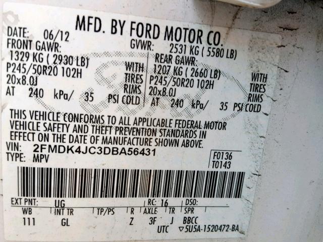 2FMDK4JC3DBA56431 - 2013 FORD EDGE SEL WHITE photo 10