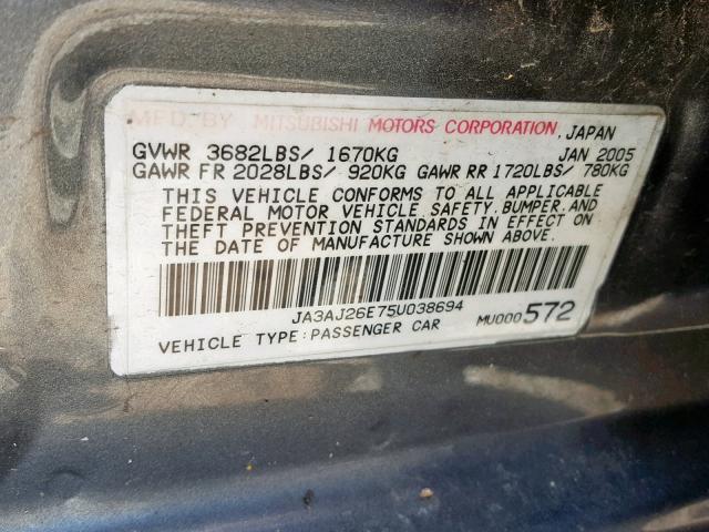 JA3AJ26E75U038694 - 2005 MITSUBISHI LANCER ES GRAY photo 10