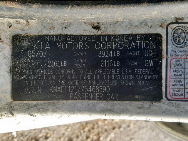 KNAFE121775468390 - 2007 KIA SPECTRA EX WHITE photo 10