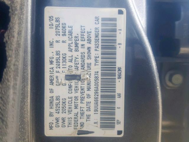 19UUA66296A005874 - 2006 ACURA 3.2TL GRAY photo 10