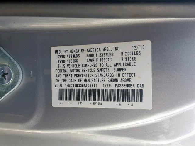 1HGCS1B33BA007916 - 2011 HONDA ACCORD LX- SILVER photo 10