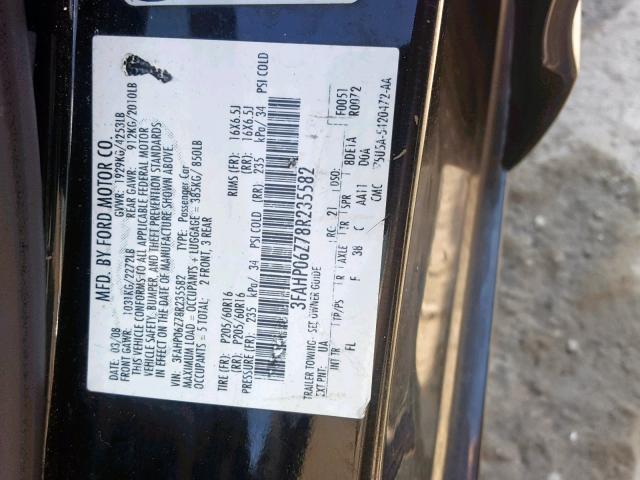 3FAHP06Z78R235582 - 2008 FORD FUSION S BLACK photo 10