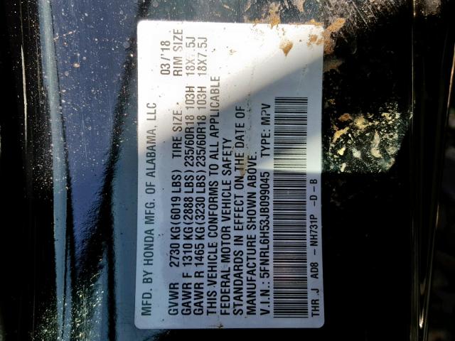 5FNRL6H53JB099045 - 2018 HONDA ODYSSEY EX BLACK photo 10