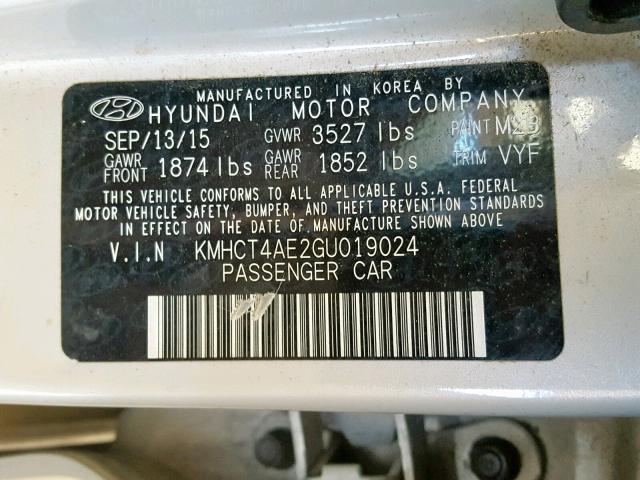 KMHCT4AE2GU019024 - 2016 HYUNDAI ACCENT SE WHITE photo 10