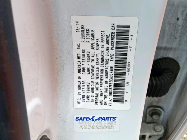 1HGCR2F88EA307866 - 2014 HONDA ACCORD EXL WHITE photo 10