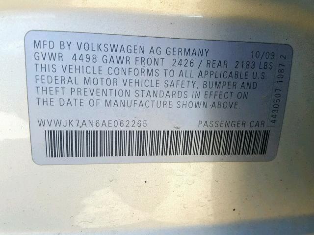 WVWJK7AN6AE062265 - 2010 VOLKSWAGEN PASSAT KOM SILVER photo 10