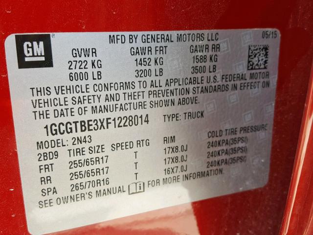 1GCGTBE3XF1228014 - 2015 CHEVROLET COLORADO L MAROON photo 10