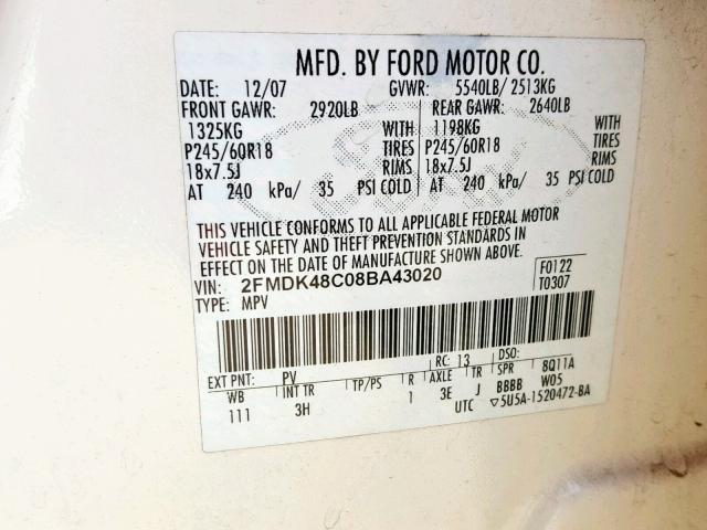 2FMDK48C08BA43020 - 2008 FORD EDGE SEL WHITE photo 10