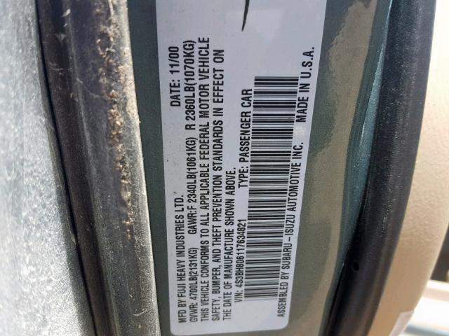 4S3BH806117634821 - 2001 SUBARU LEGACY OUT GREEN photo 10