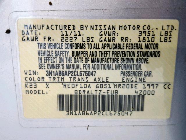 3N1AB6AP2CL675047 - 2012 NISSAN SENTRA 2.0 SILVER photo 10