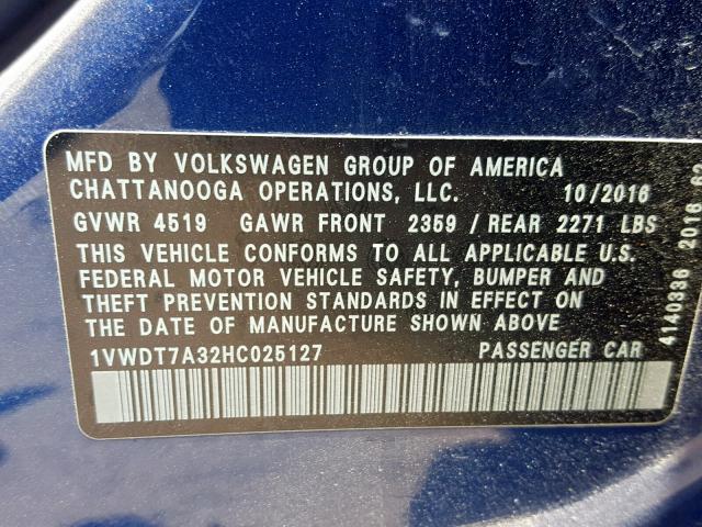 1VWDT7A32HC025127 - 2017 VOLKSWAGEN PASSAT R-L BLUE photo 10