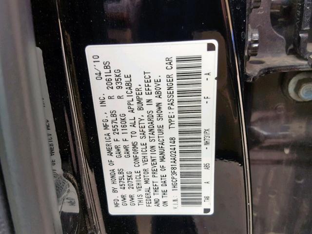 1HGCP3F81AA024148 - 2010 HONDA ACCORD EXL BLACK photo 10