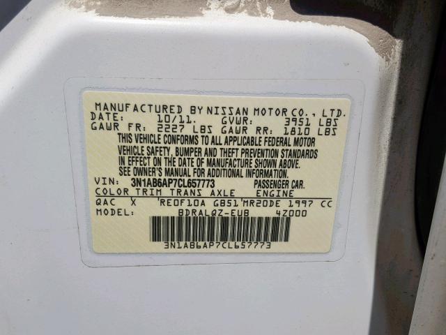 3N1AB6AP7CL657773 - 2012 NISSAN SENTRA 2.0 WHITE photo 10