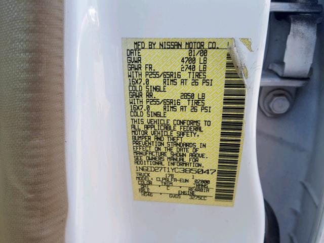 1N6ED27T1YC385047 - 2000 NISSAN FRONTIER C WHITE photo 10