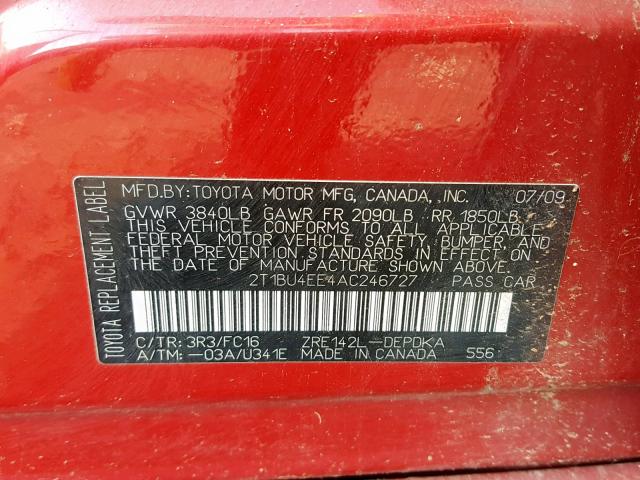 2T1BU4EE4AC246727 - 2010 TOYOTA COROLLA BA RED photo 10