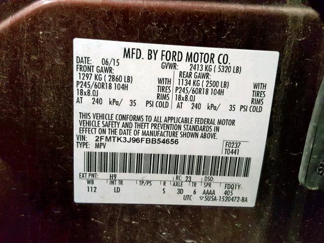 2FMTK3J96FBB54656 - 2015 FORD EDGE SEL BROWN photo 10