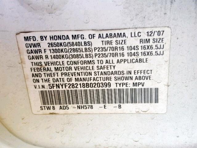 5FNYF28218B020399 - 2008 HONDA PILOT VP WHITE photo 10