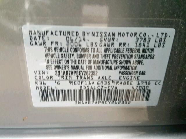 3N1AB7AP8EY262352 - 2014 NISSAN SENTRA S GRAY photo 10