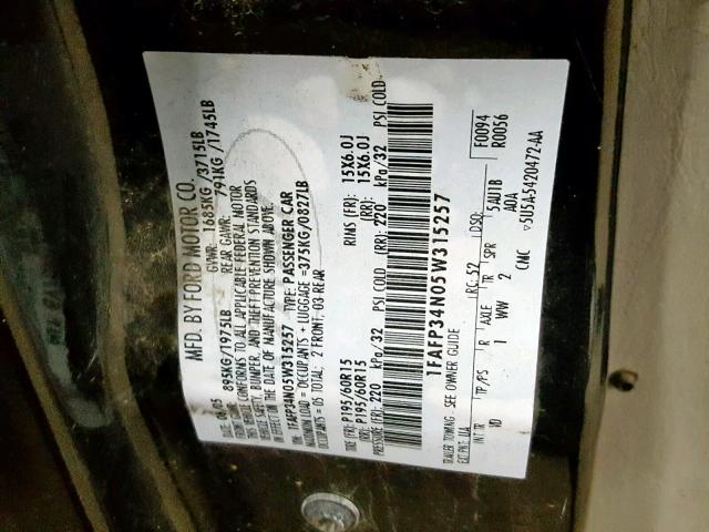 1FAFP34N05W315257 - 2005 FORD FOCUS ZX4 BLACK photo 10