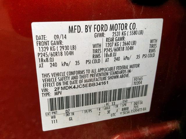 2FMDK4JC5EBB34161 - 2014 FORD EDGE SEL ORANGE photo 10