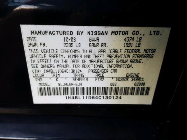 1N4BL11D64C130124 - 2004 NISSAN ALTIMA SE BLACK photo 10