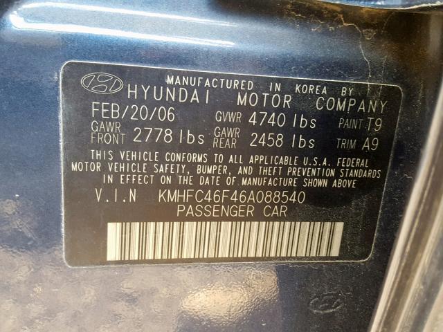 KMHFC46F46A088540 - 2006 HYUNDAI AZERA SE BLUE photo 10