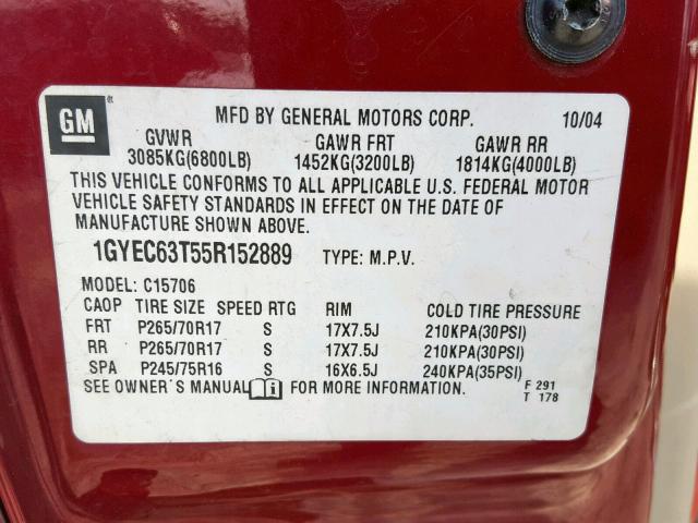 1GYEC63T55R152889 - 2005 CADILLAC ESCALADE L RED photo 10