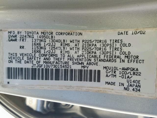 JTJGF10U730154521 - 2003 LEXUS RX 300 SILVER photo 10