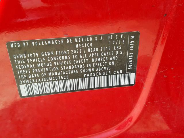 3VW2K7AJ3EM257528 - 2014 VOLKSWAGEN JETTA BASE RED photo 10