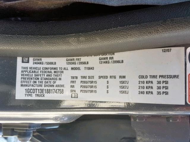 1GCDT13E188174758 - 2008 CHEVROLET COLORADO GRAY photo 10